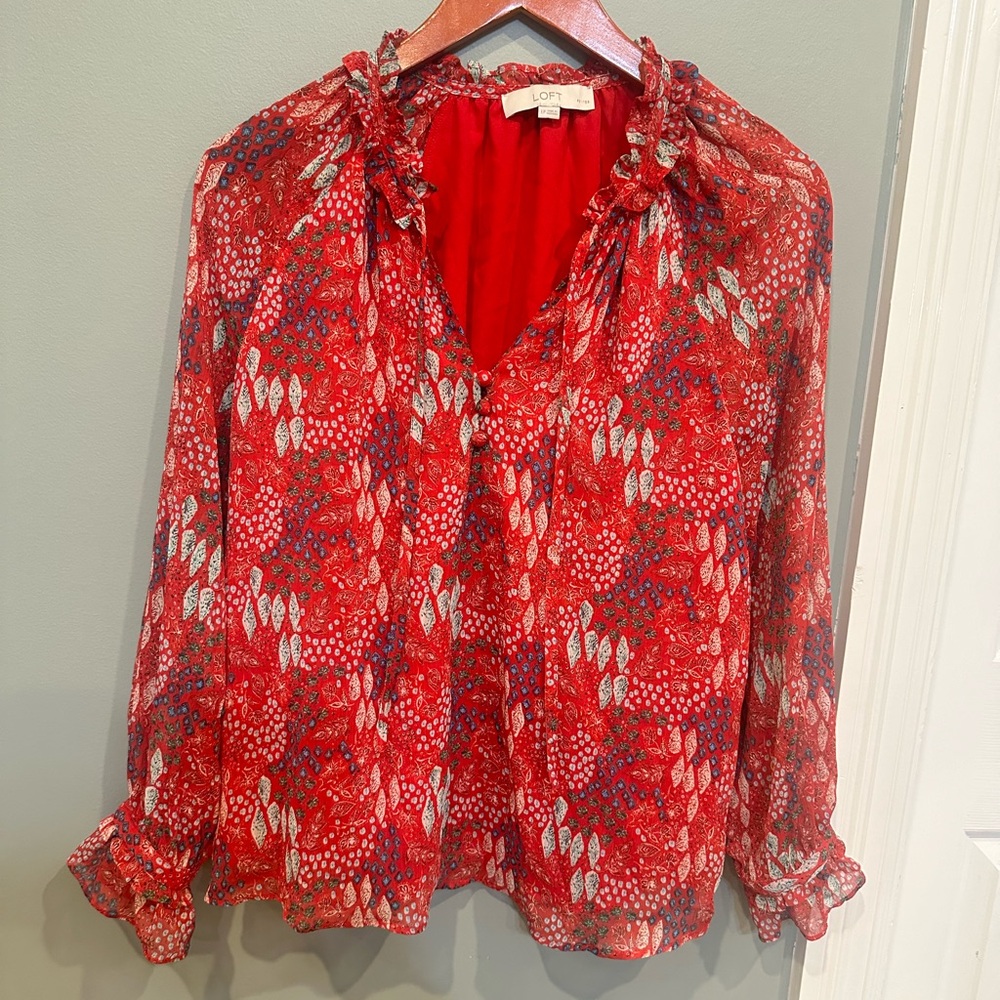 LOFT Red Ruffled Blouse with Relaxed Fit